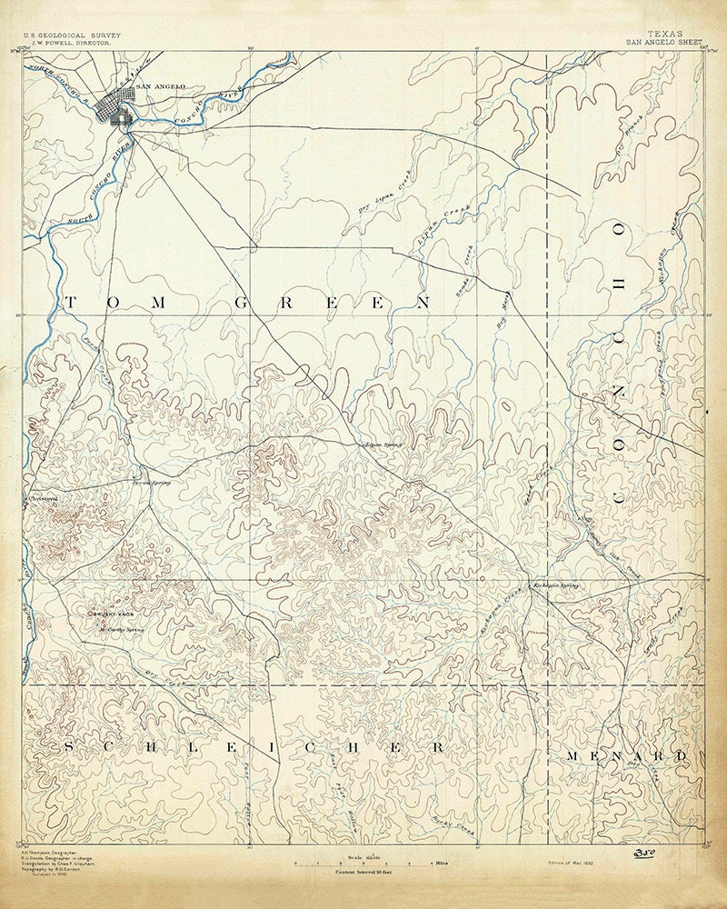 1892 Topo Map of San Angelo Texas