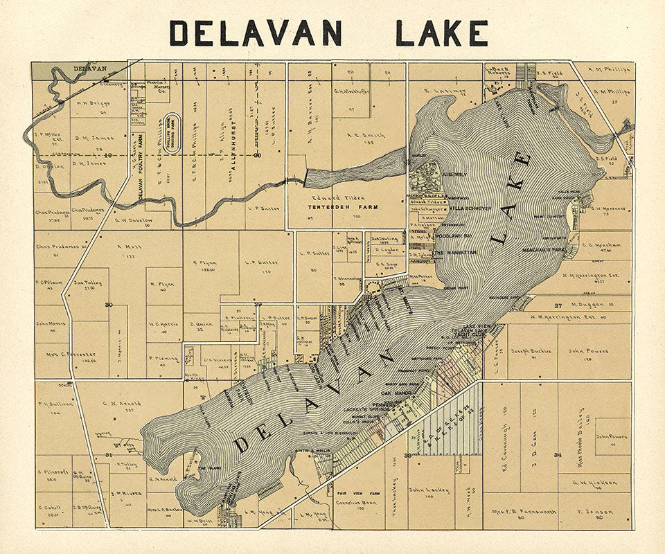 1907 Map of Delavan Lake Walworth County Wisconsin