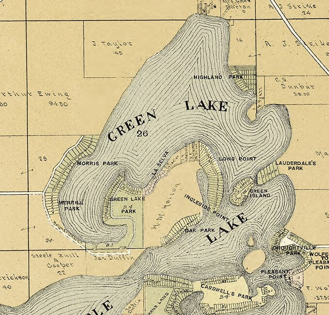 1907 Map of Greene Middle and Lauderdale Lakes Walworth County Wisconsin