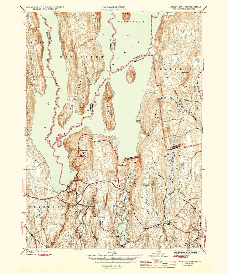 1944 Topo Map of Winsor Dam MA Quadrangle