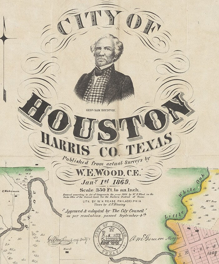 1869 Map of Houston Harris County Texas