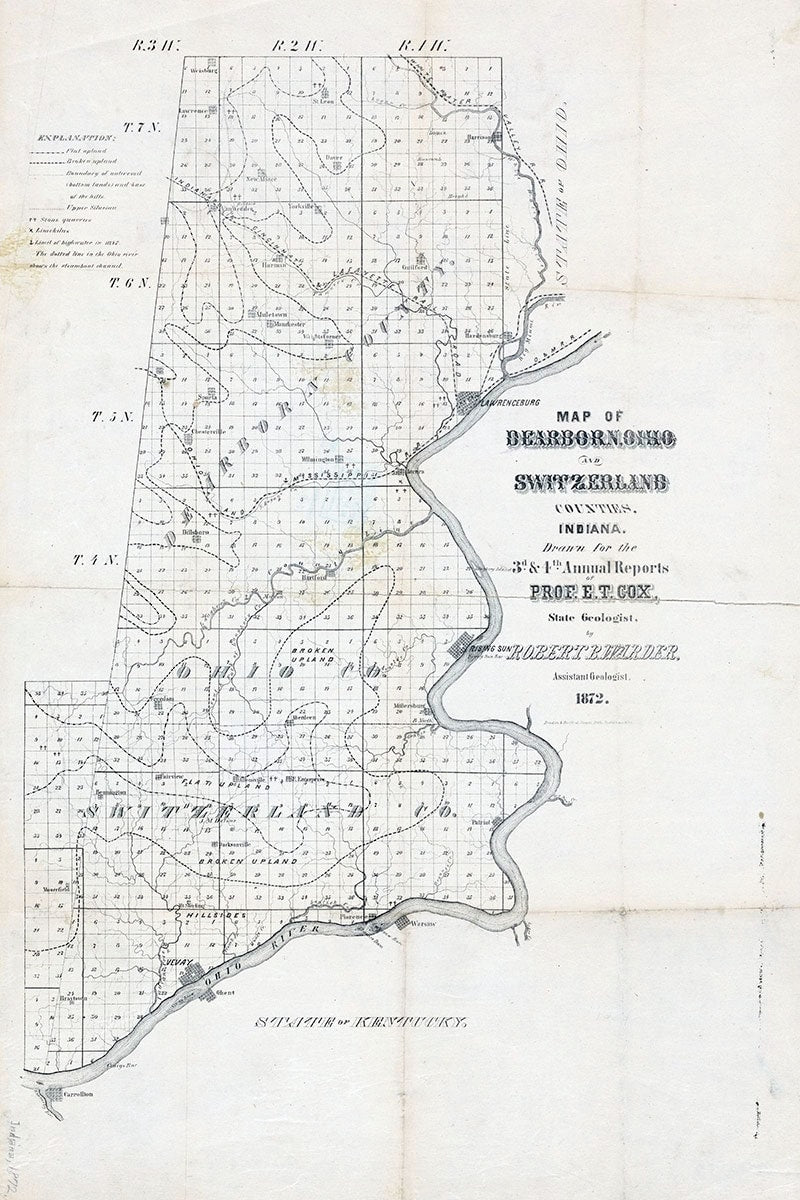 1872 Map of Dearborn Ohio and Switzerland County Indiana