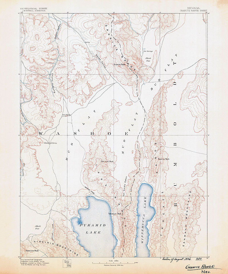 1886 Topo Map of Granite Range Nevada Pyramid Lake Winnemucca Lake