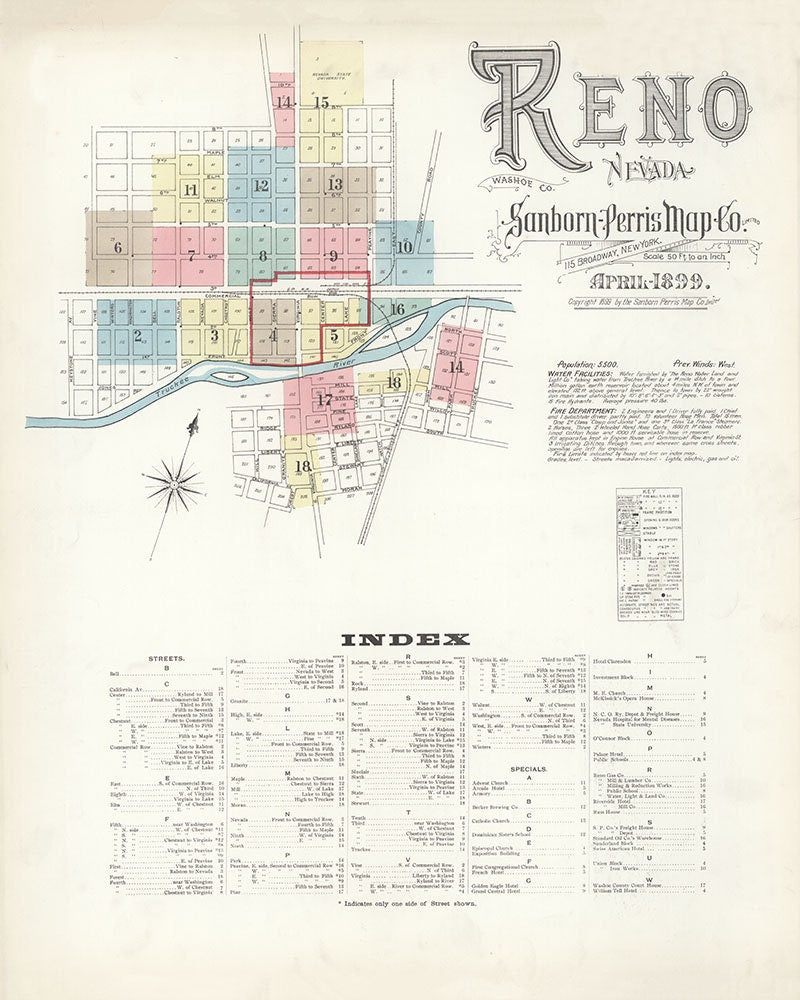 1899 Town Map of Reno Washoe County Nevada