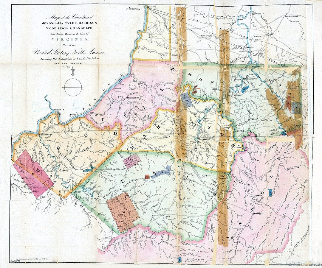 1837 Map of Monongahela Tyler Harrison Wood Lewis & Randolph County West Virginia