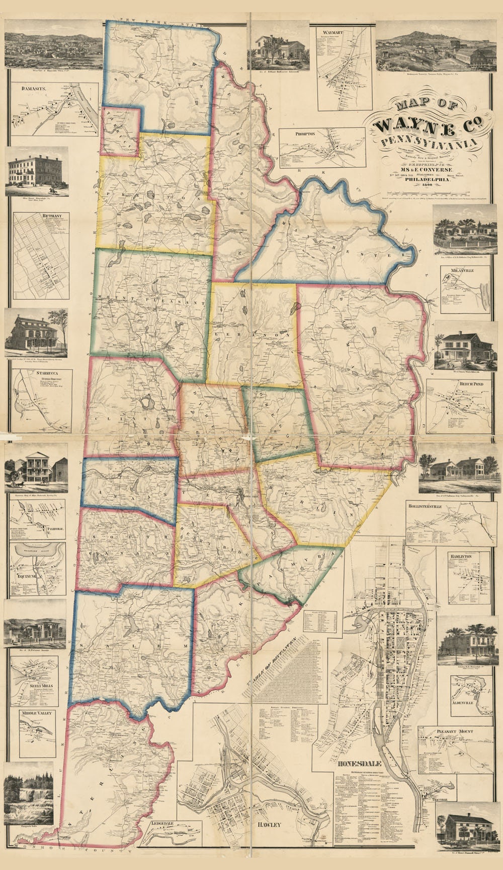 1860 Map of Wayne County Pa Honesdale Hawley Roll Map Genealogy