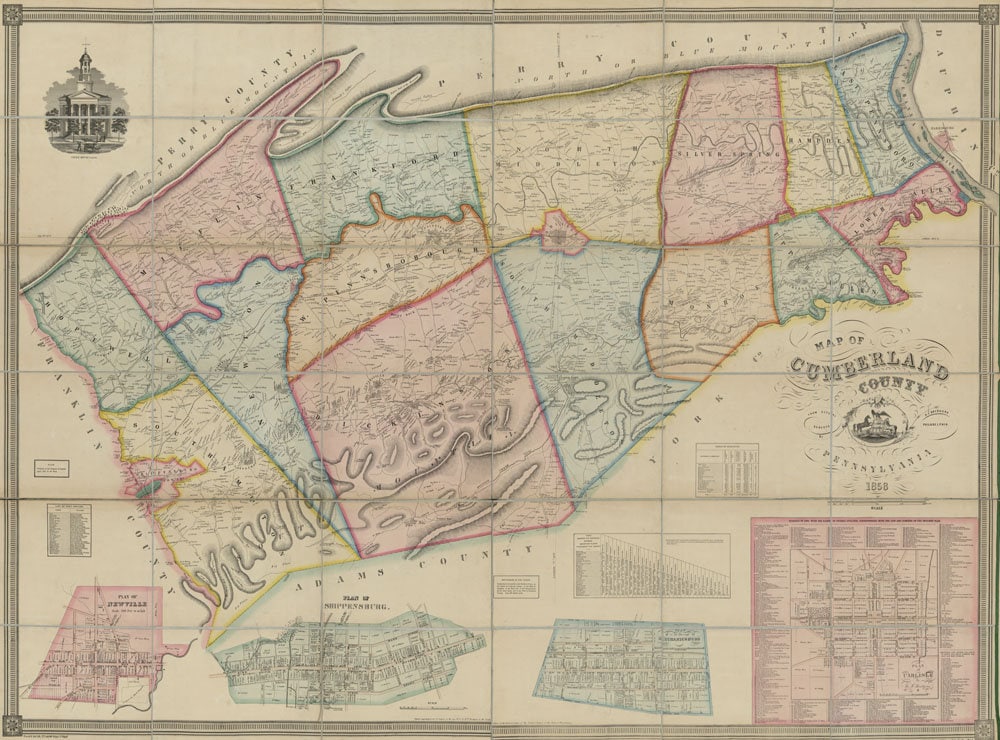 1858 Map of Cumberland County PA from actual surveys Carlisle Shippensburg