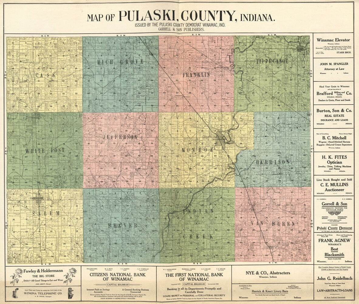 1907 Farm Line Map of Pulaski County Indiana Winamac