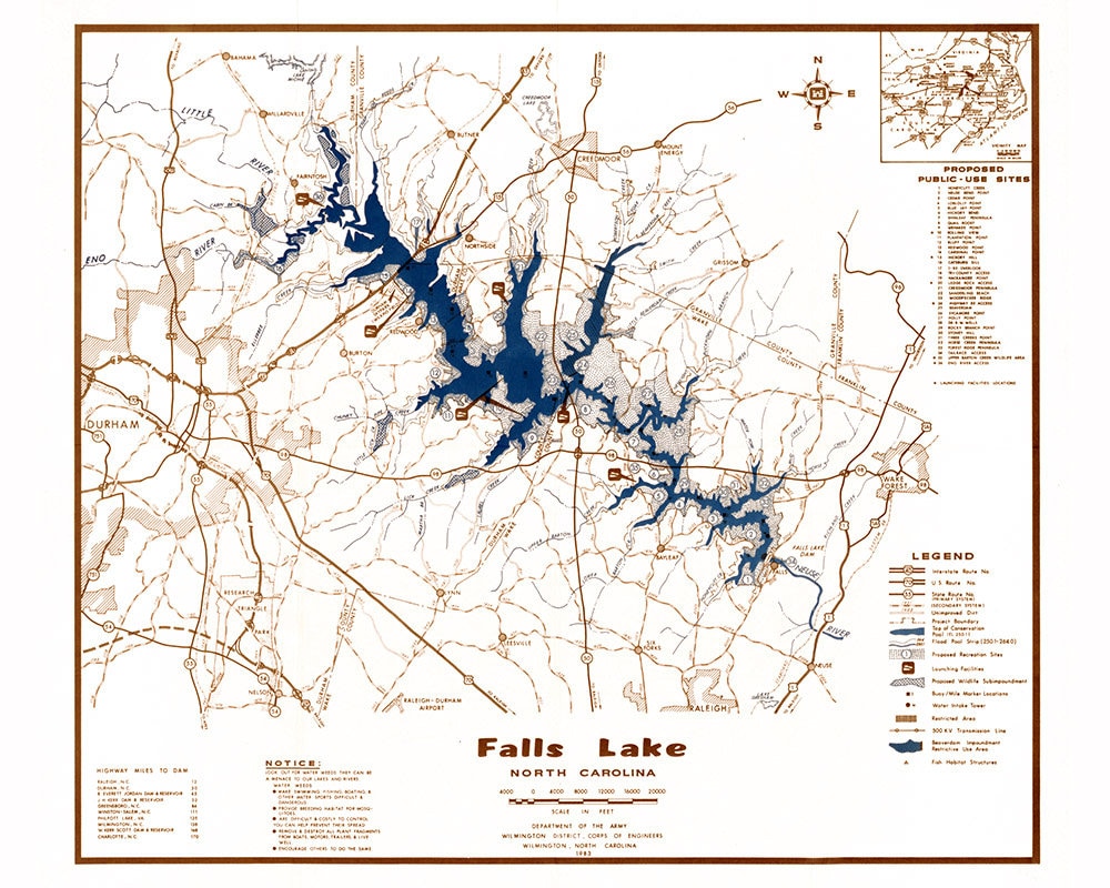 1983 Map of Falls Lake North Carolina