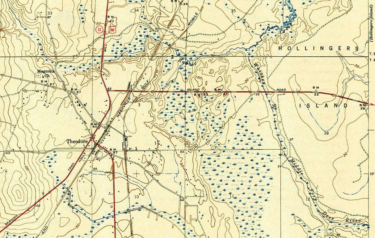 1943 Topo Map of Theodore Alabama Quadrangle