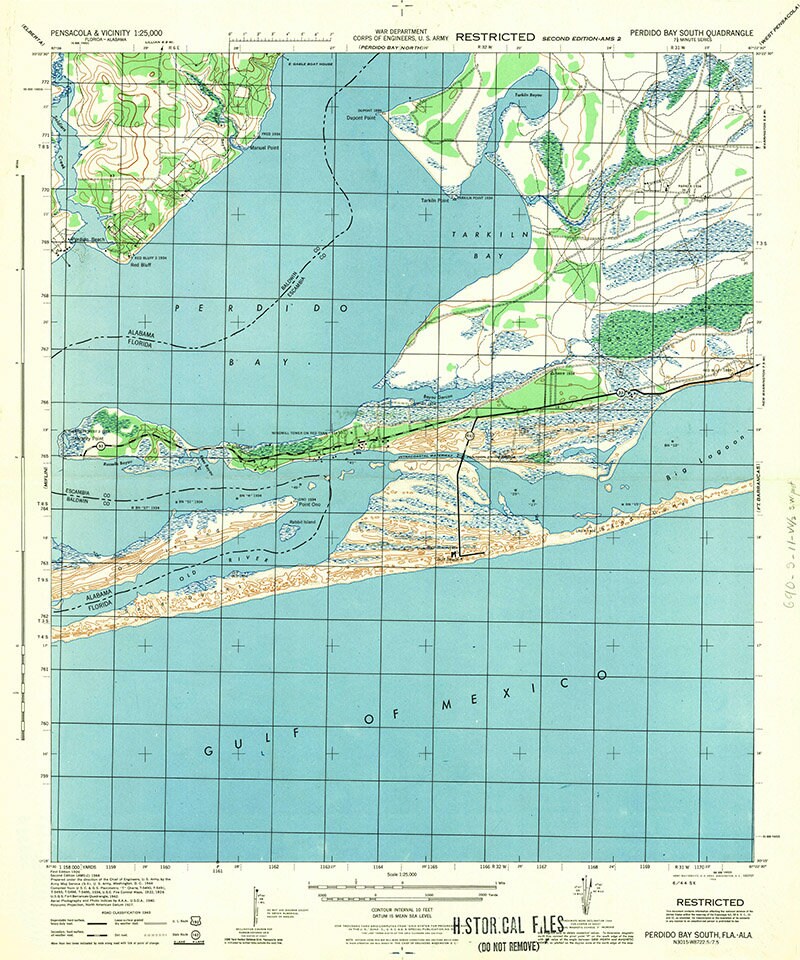 1944 Topo Map of Peridido Bay South Florida Quadrangle