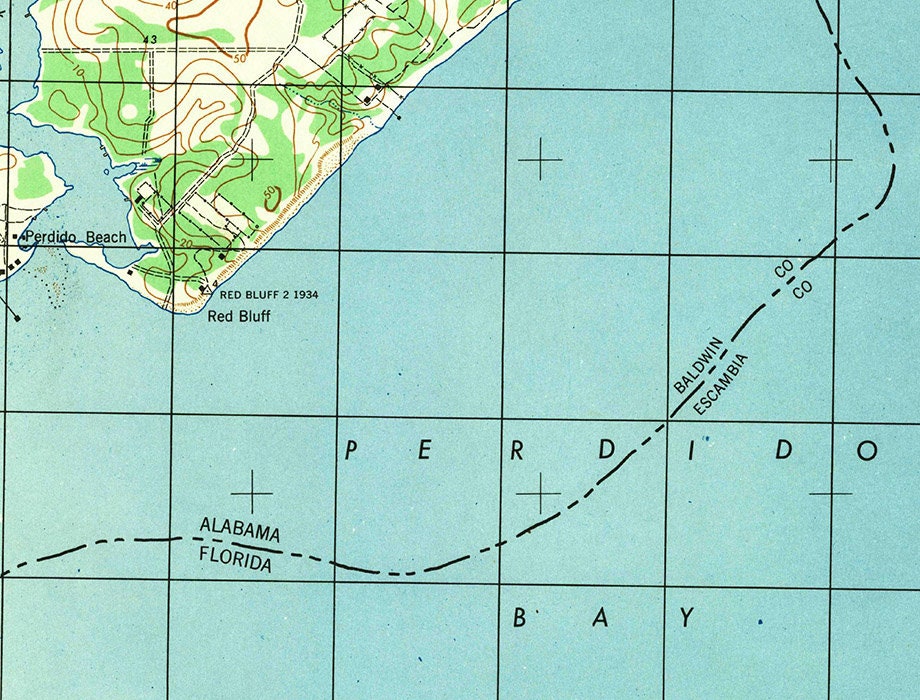 1944 Topo Map of Peridido Bay South Florida Quadrangle