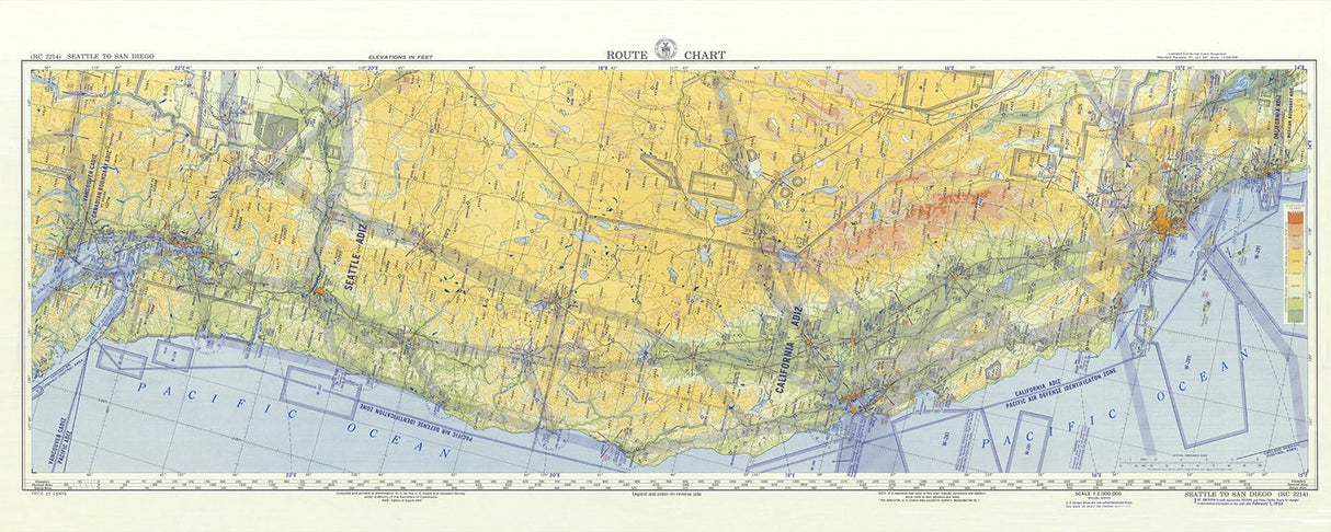 1955 Aeronautical Map of Seattle Washington to San Diago California