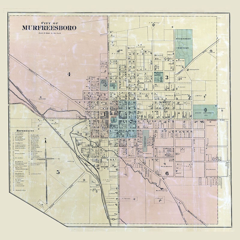 1878 Map of Murfreesboro Rutherford County Tennessee