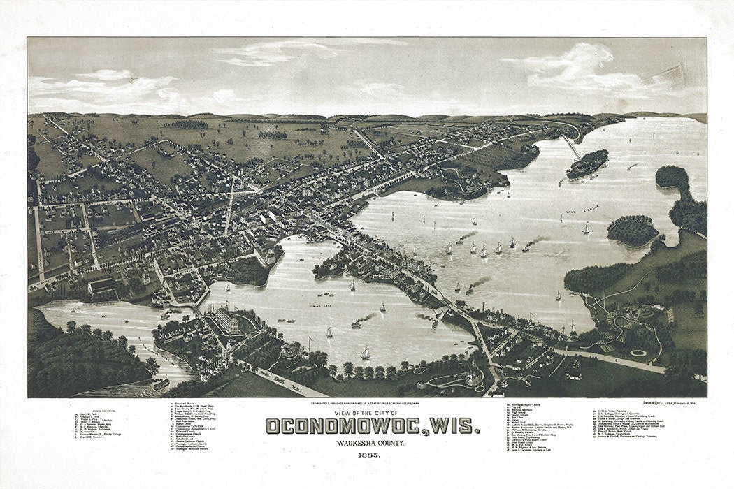 1885 Panoramic Map of Oconomowoc Wisconsin Waukesha County