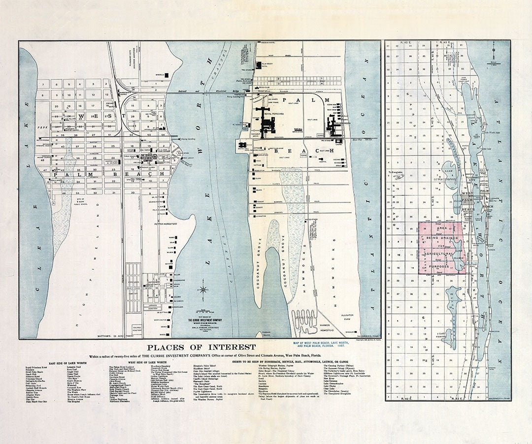 1907 Map of West Palm Beach Lake Worth and Palm Beach Florida