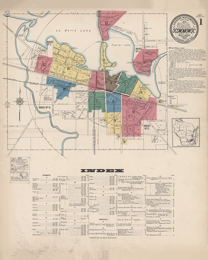 1922 Town Map of Oconomowoc Wisconsin Waukesha County