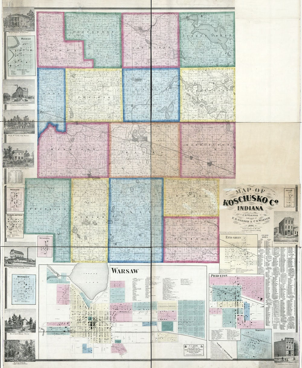 1866 Farm Line Map of Kosciusko County Indiana Warsaw