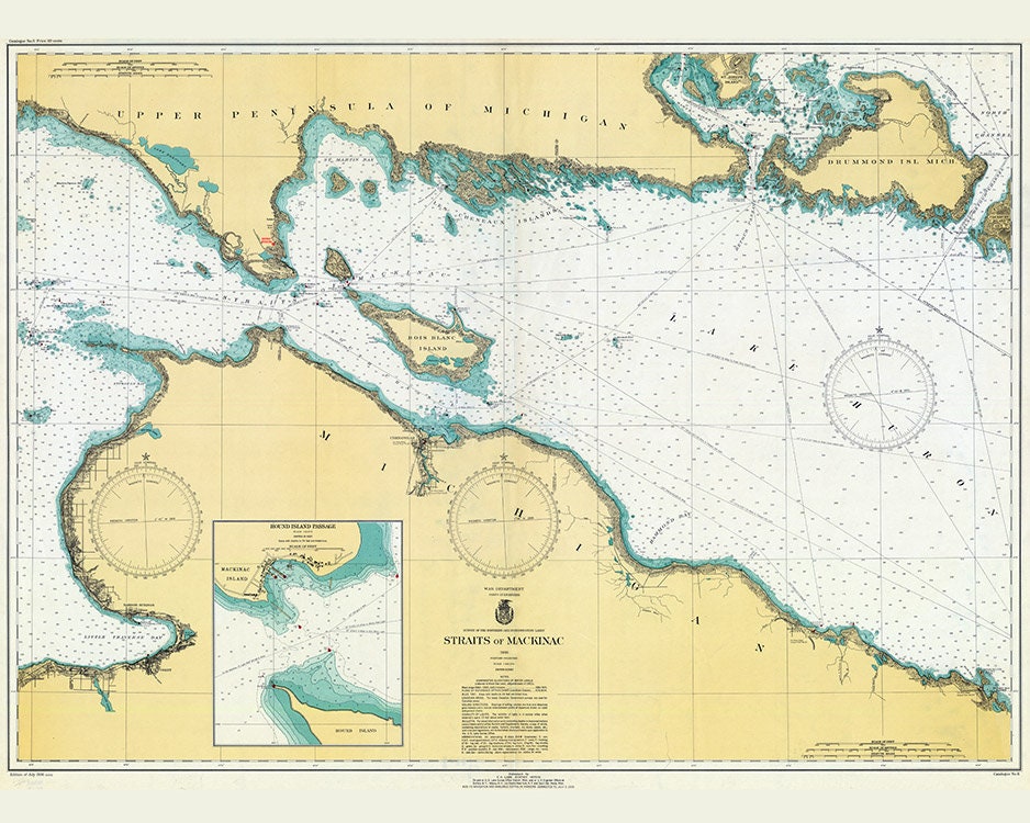 1936 Nautical Map of Lake Huron Straits of Mackinac