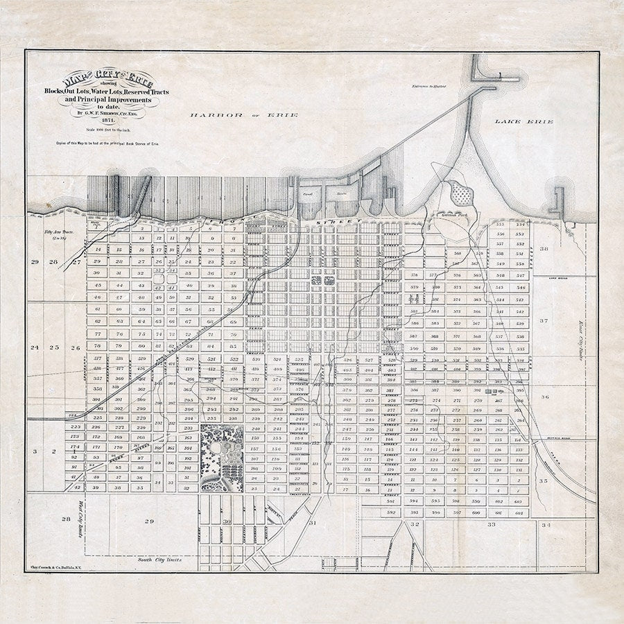 1871 Map of the City of Erie Pennsylvania Lake Erie