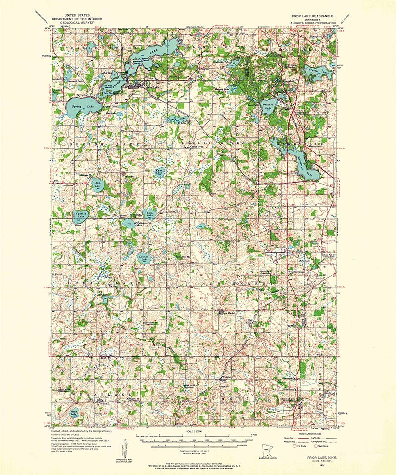 1957 Topo Map of Prior Lake Minnesota Maple Glen Spring Lake