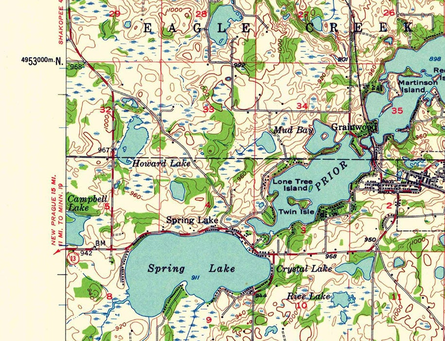 1957 Topo Map of Prior Lake Minnesota Maple Glen Spring Lake