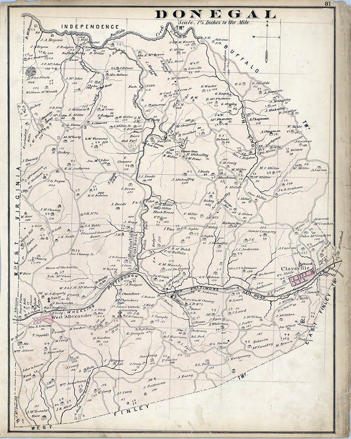 1876 Map of Donegal Township Washington County Pennsylvania