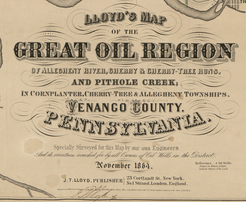 1864 Map of the great oil region of Allegheny River Venango County Pennsylvania