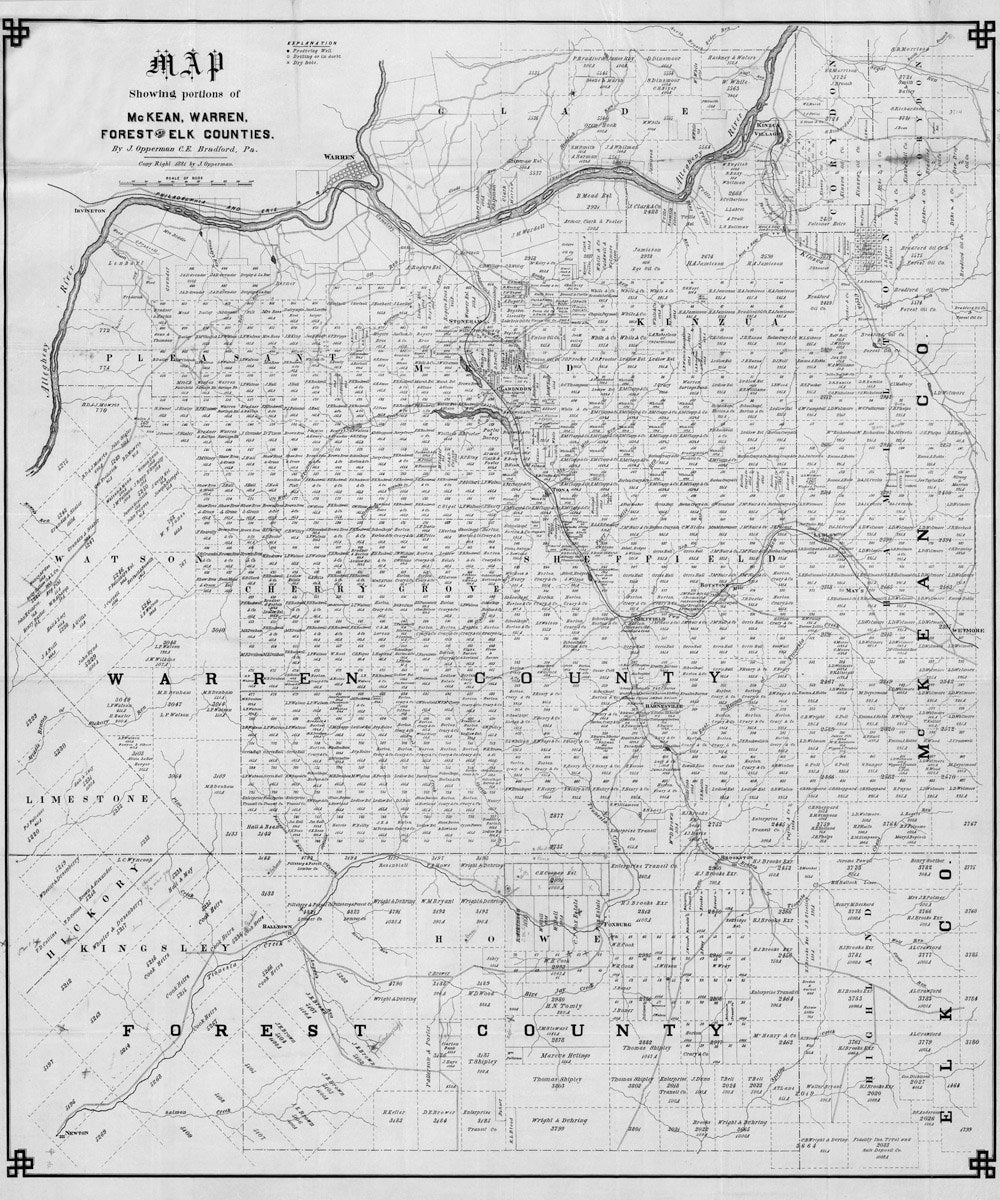 1881 Oil Well Map of McKean Warren Forest & Elk Counties PA