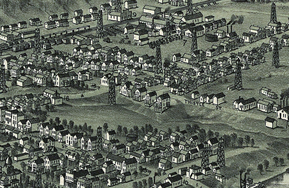 1896 Panoramic Aerial Map of Sistersville West Virginia & Oil Wells