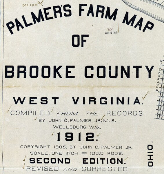 1912 Farm Line Map of Brooke County West Virginia Showing Oil & Gas Wells Coal Mines