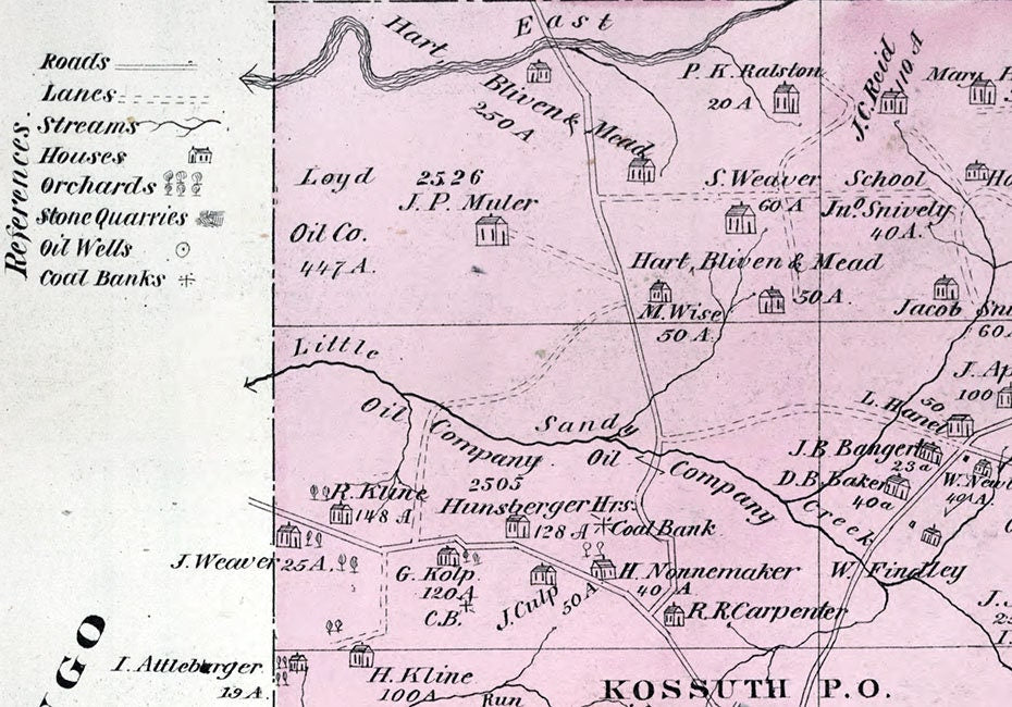 1877 Map of Ashland Township Clarion County Pennsylvania Oil Wells