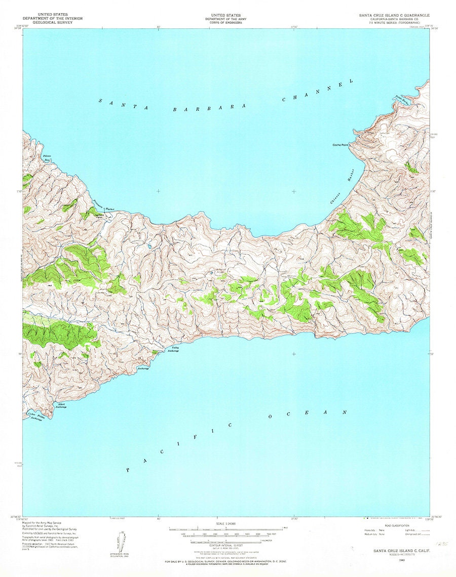 1943 Topo Map of Santa Cruz Island California Central Valley C Map