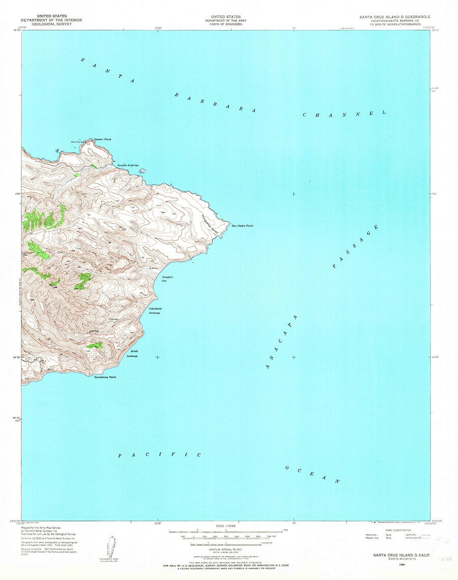 1943 Topo Map of Santa Cruz Island California Central Valley D Map