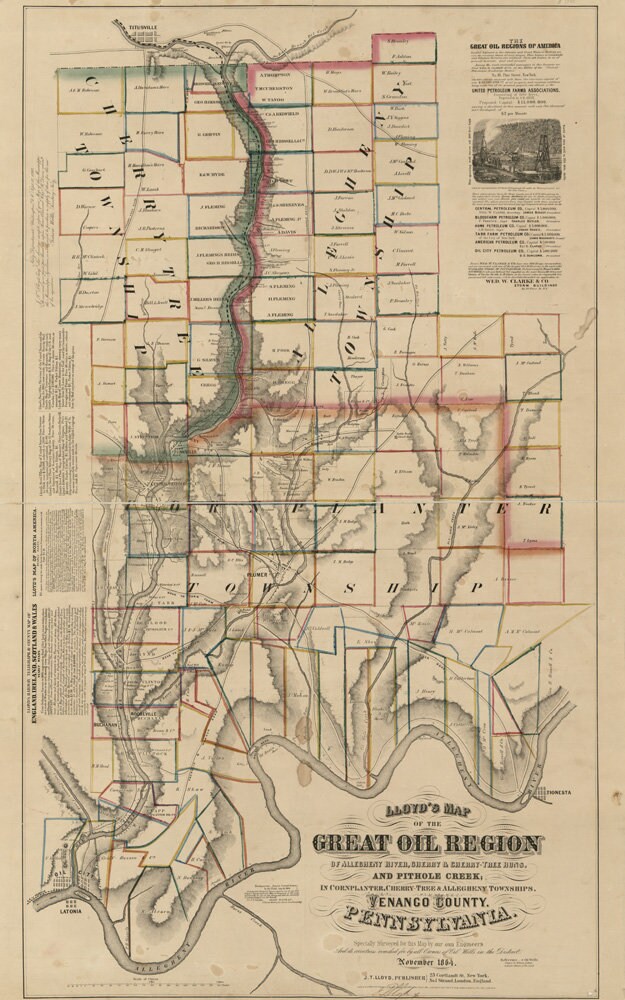 1864 Map of the great oil region of Allegheny River Venango County Pennsylvania