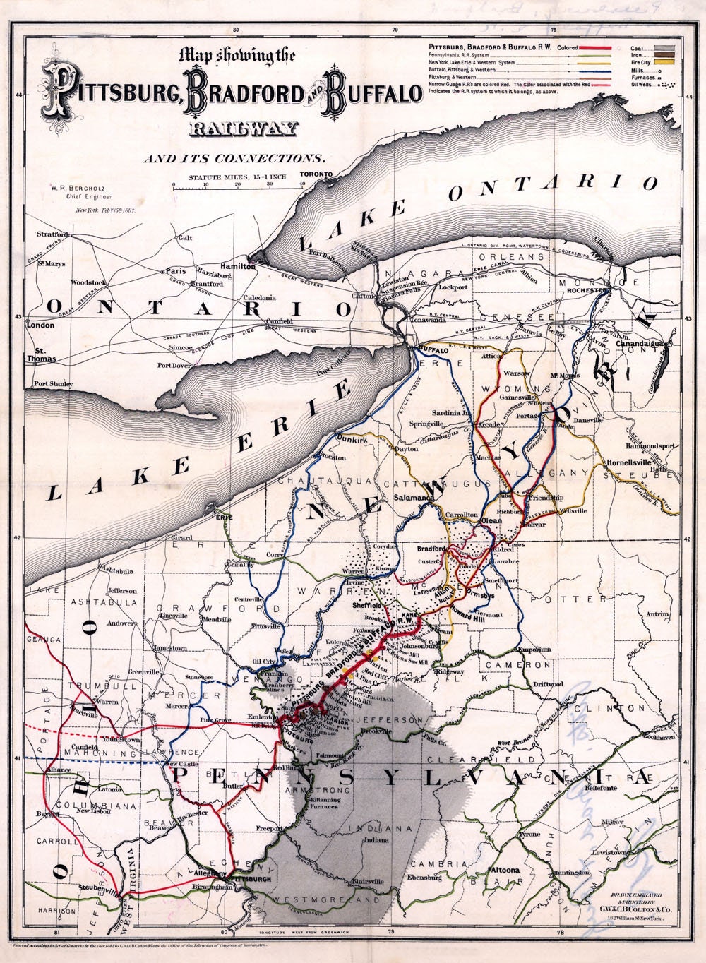 1882 Rail Road Map Pittsbug Bradford and Buffalo Railway & Oil Well Locations