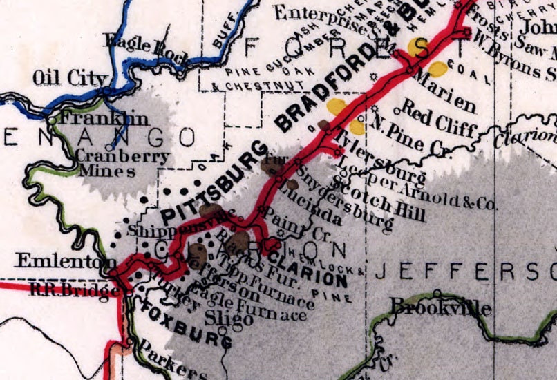 1882 Rail Road Map Pittsbug Bradford and Buffalo Railway & Oil Well Locations