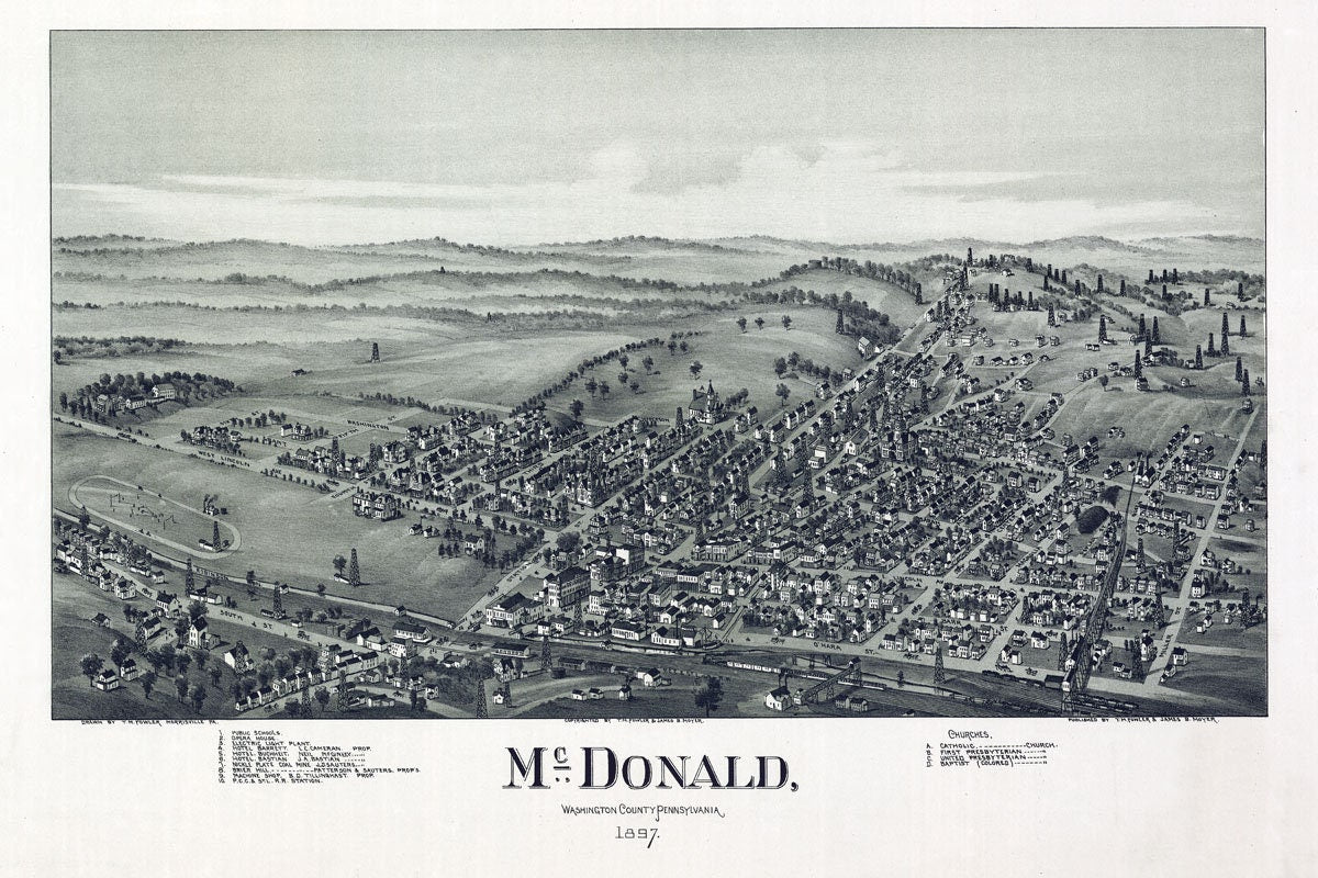 1897 Aerial Map of McDonald Washington County Pa & Oil Wells