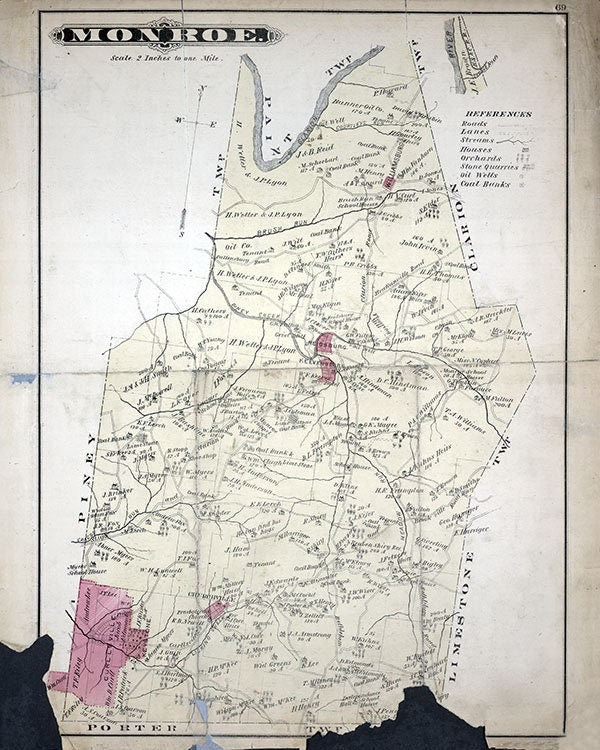 1877 Map of Monroe Township Clarion County Pennsylvania Oil Wells