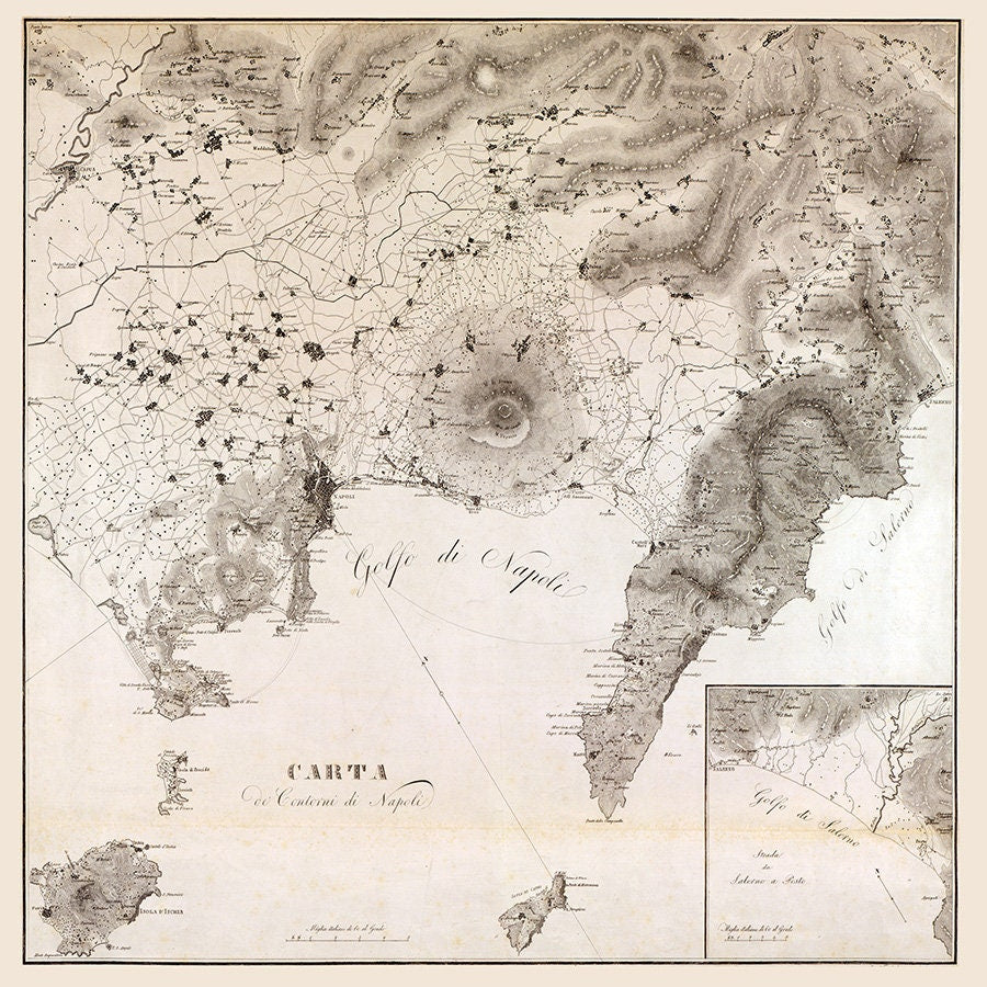 1828 Map of Napoli Italy Naples Mount Vesuvius