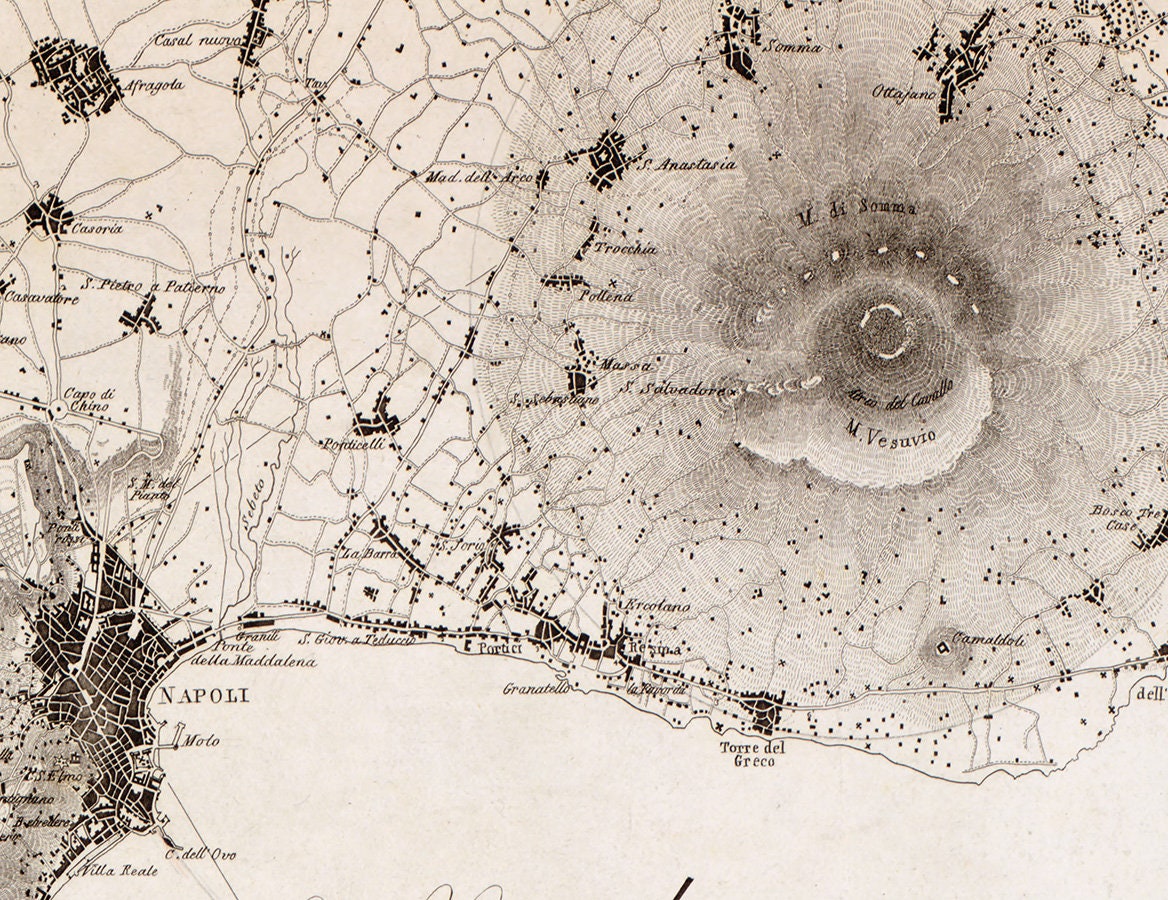 1828 Map of Napoli Italy Naples Mount Vesuvius