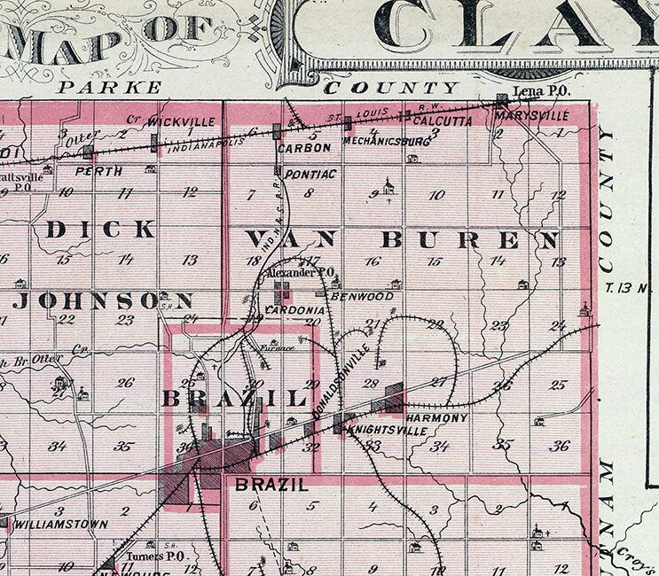 1876 Map of Clay County Indiana Staunton Brazil