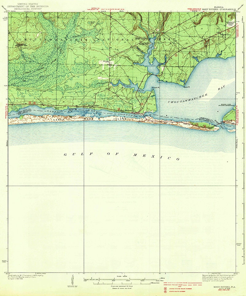 1938 Topo Map of Mary Esther Quadrangle Fort Walton Beach Florida