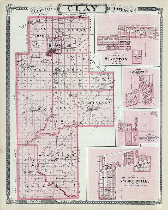 1876 Map of Clay County Indiana Staunton Brazil