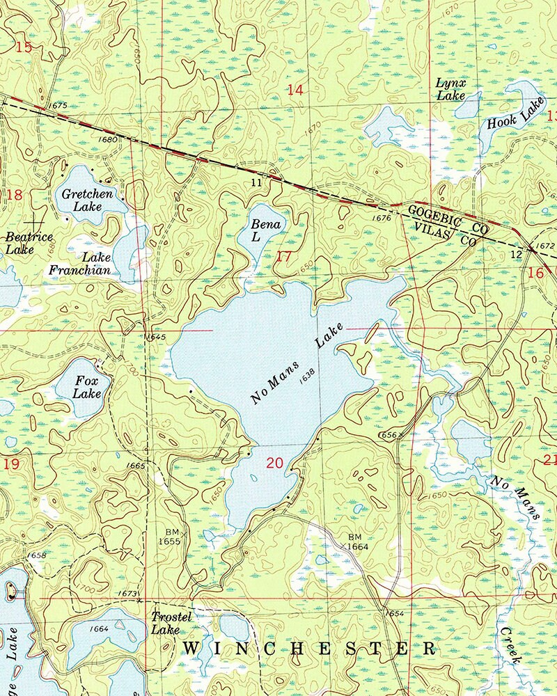 1982 Topo Map of No Mans Lake Winchester Wisconsin