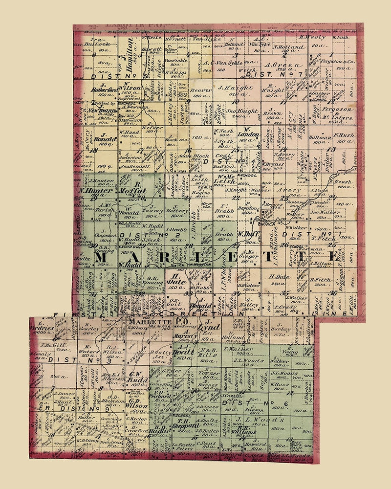 1876 Farm Line Map of Marlette Township Sanilac County Michigan