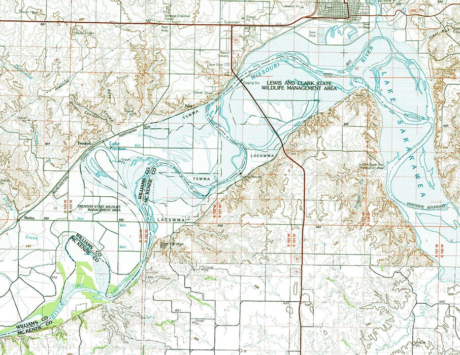 1980 Map of Lake Sakakawea North Dakota Minot Williston