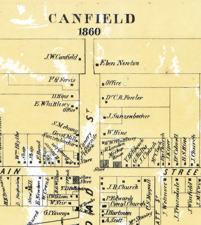 1860 Town Map of Canfield Mahoning County Ohio
