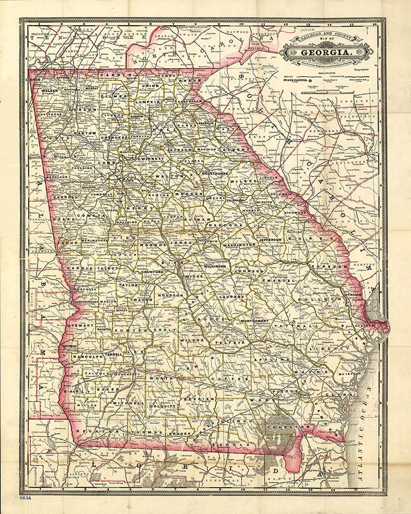 1883 Map of Georgia Rail Roads and Counties