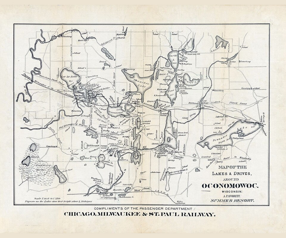 1887 Map of the Lakes Around Oconomowoc Wisconsin